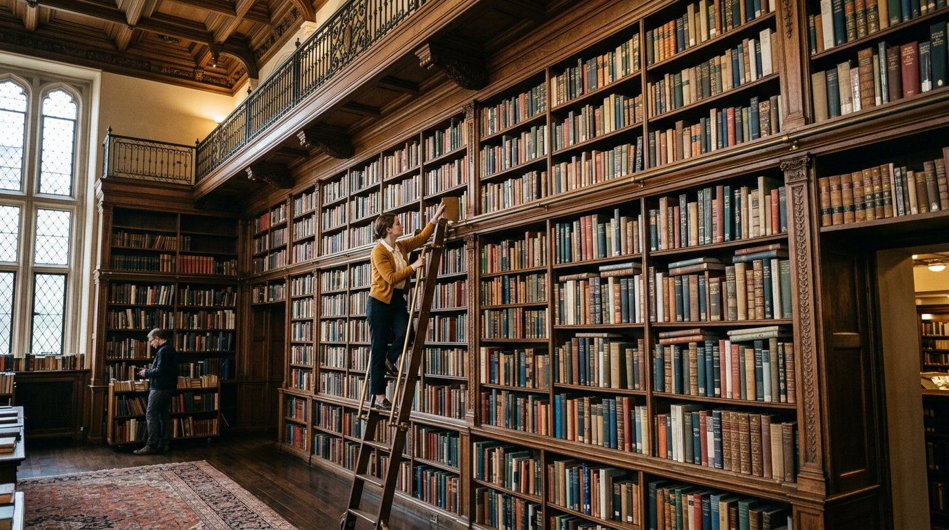 A person in a yellow cardigan climbs a wooden ladder to retrieve a book from a towering, multi-story library shelf.