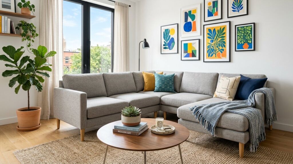 A comfortable reversible chaise sectional sofa placed in a modern family living room setting.
