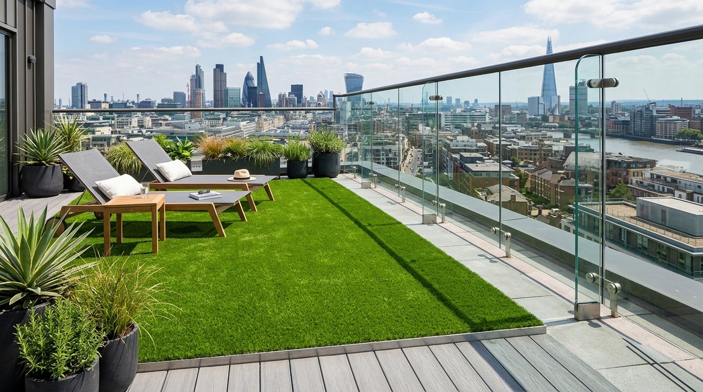 Modern balcony with artificial grass, lounge chairs, and potted plants offering a panoramic view of London city buildings.