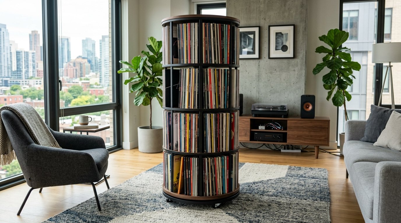A round tiered record display stand sits on a patterned rug in a modern living room.