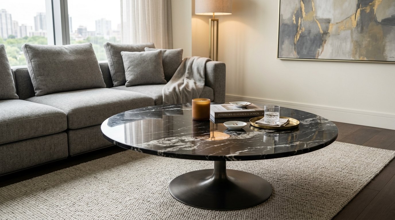 A circular black marble coffee table sits on a textured rug in a contemporary living space with a grey sofa.