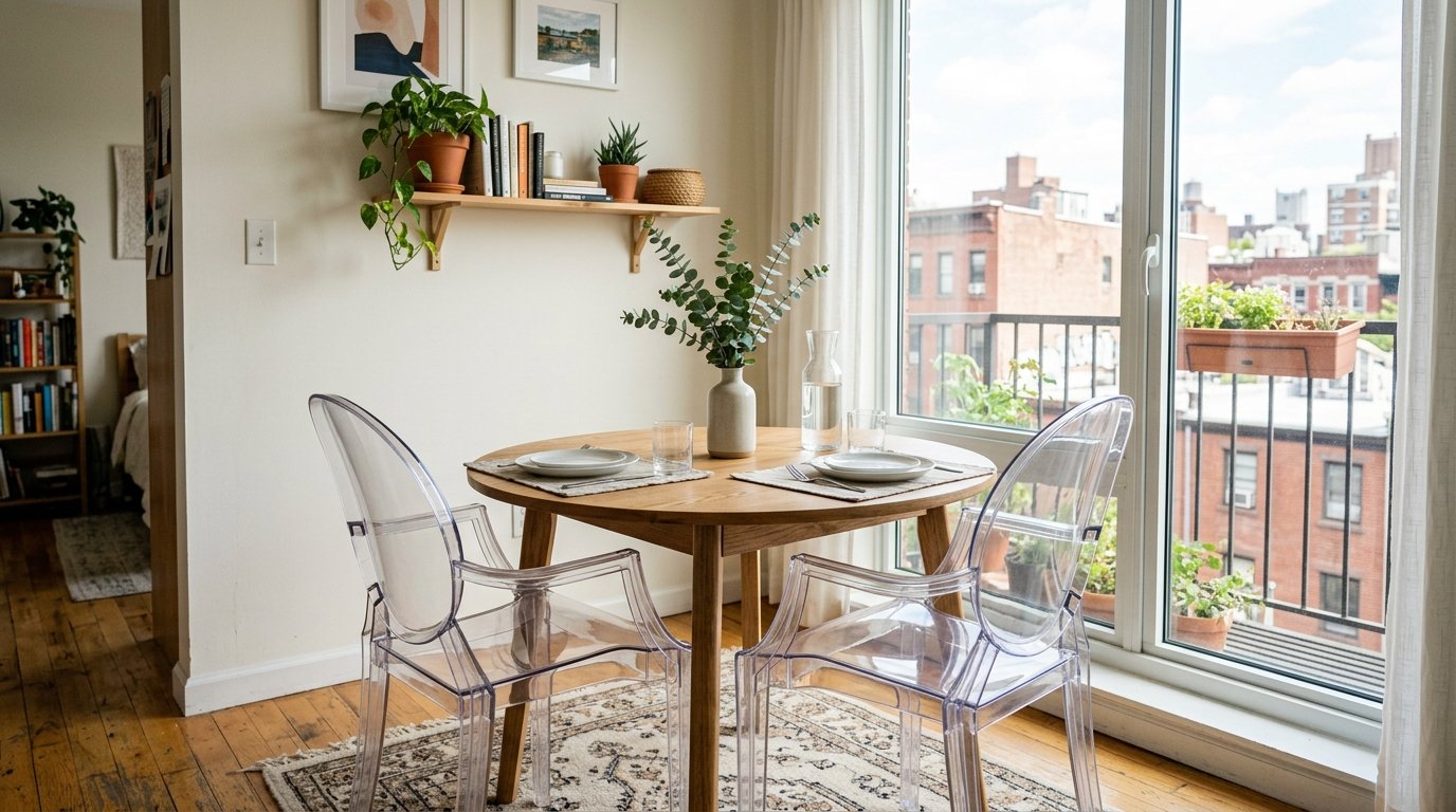 A small circular wood table featuring ghost chairs sits by a sunny apartment window overlooking city buildings.