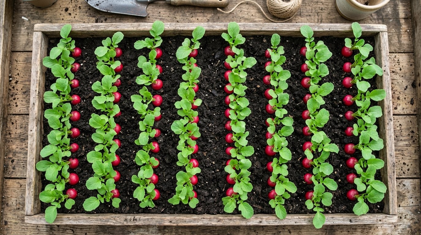 Top down view of small red radishes with green tops planted in neat rows inside a rectangular wooden crate.