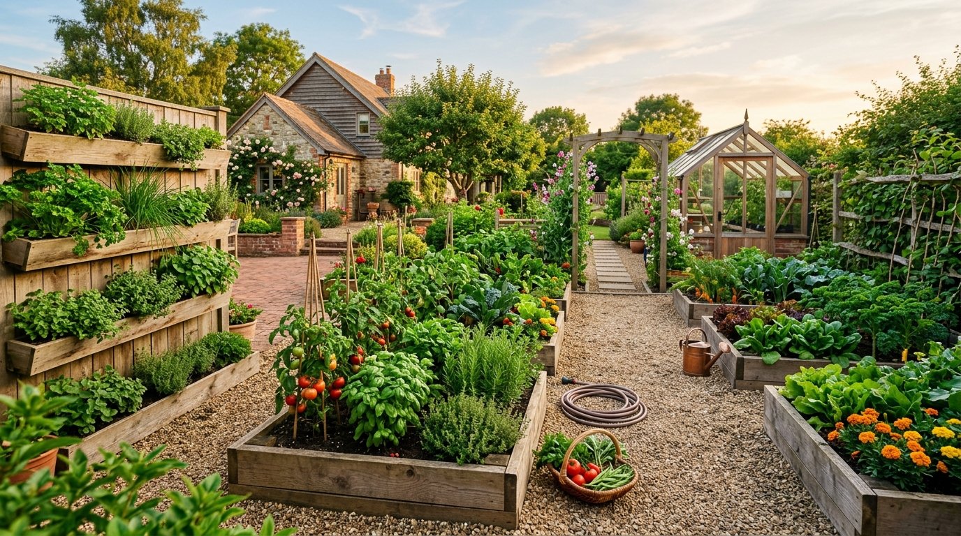 A thriving home garden featuring wooden raised beds, a small greenhouse, and a vertical herb wall at golden hour.