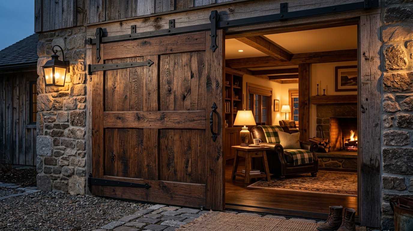 View into a warm, firelit home interior from an exterior stone patio at dusk.