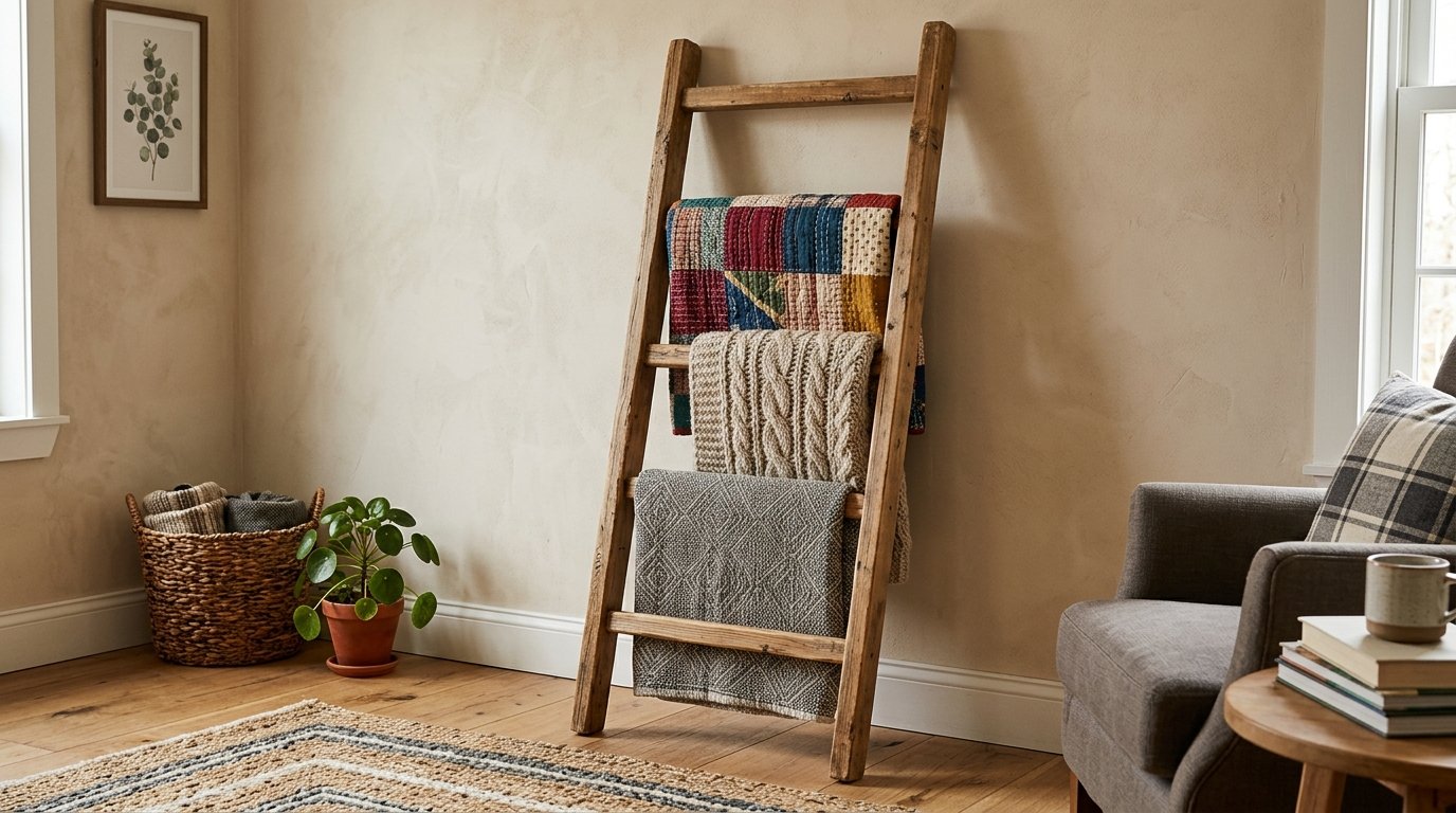 Rustic wooden ladder leaning against a wall displaying three textured throw blankets near a gray armchair.