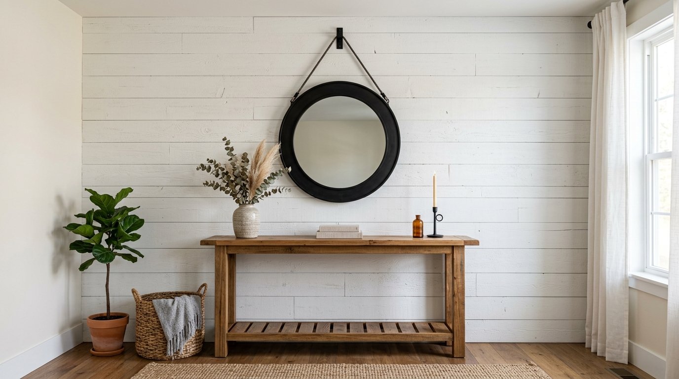 Wooden console table styled with a mirror, dried plants, and a candle in front of a white wood-paneled wall.