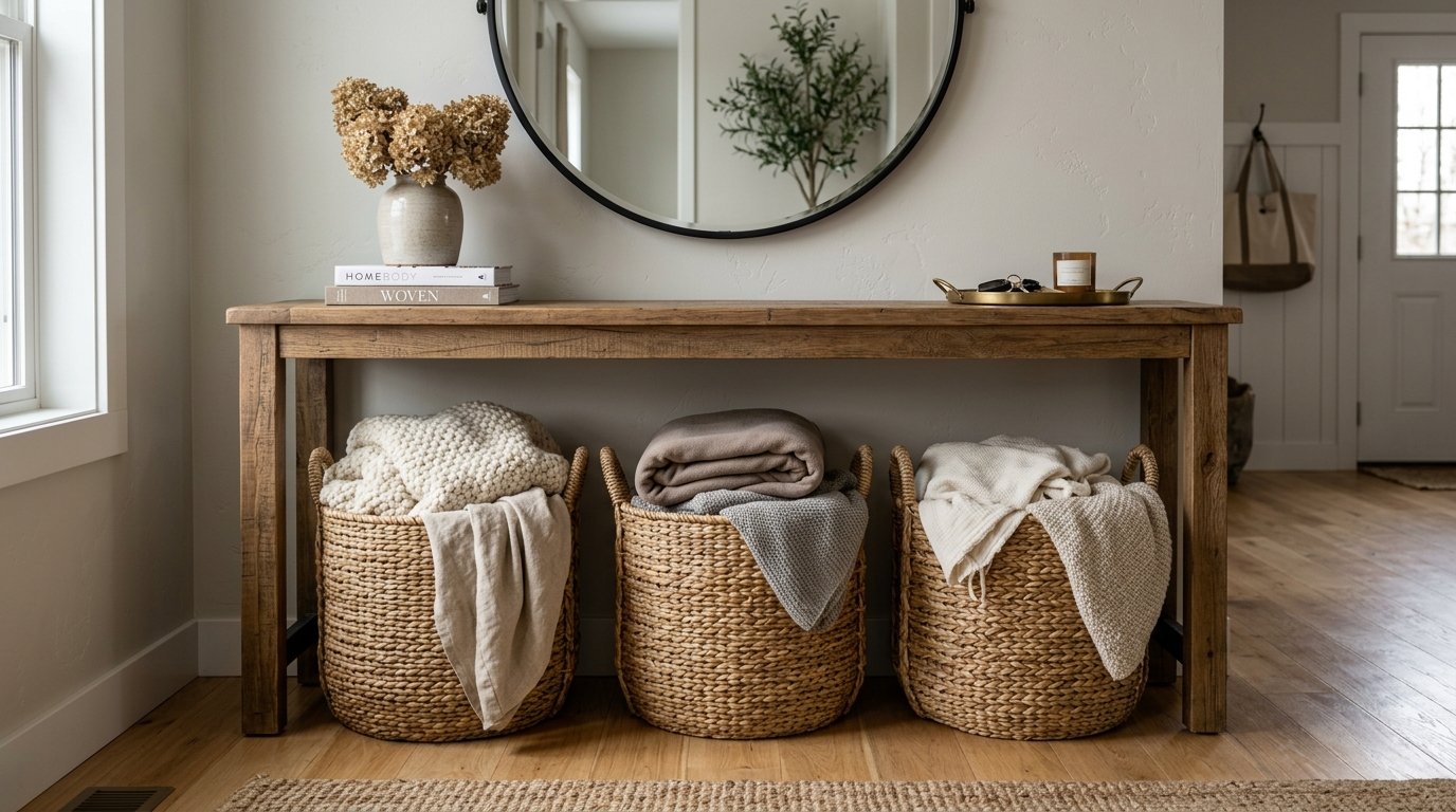 Three straw woven baskets filled with soft folded blankets sitting under a long wooden table.