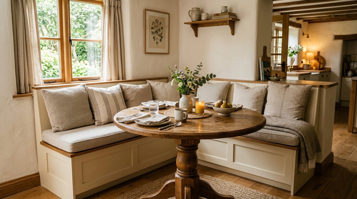 Built-in cream bench seating with linen cushions surrounding a round wooden table in a farmhouse dining area.