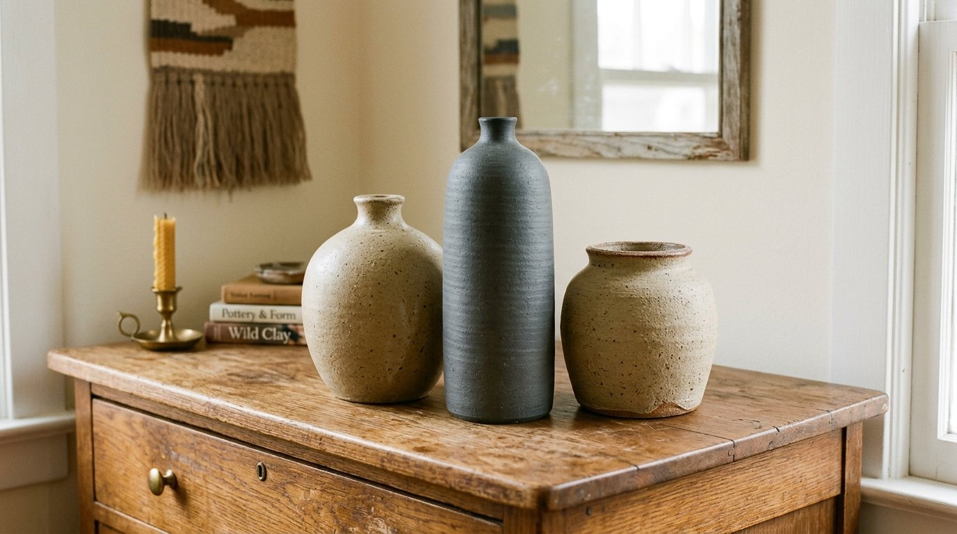 Collection of textured tan and dark grey clay vases sitting on a distressed wooden table.