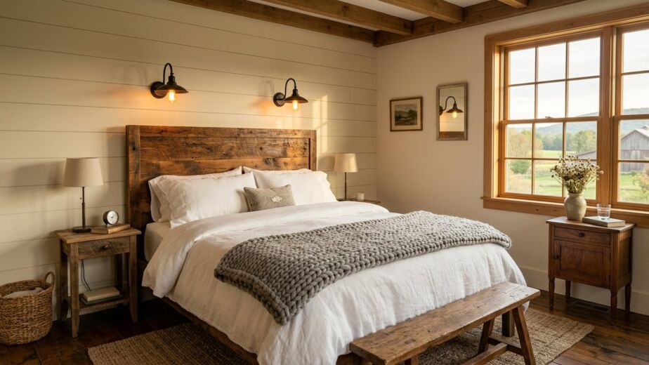 A rustic bedroom with a wooden bed frame, white bedding, grey knit throw blanket, and wall-mounted black sconce lighting.
