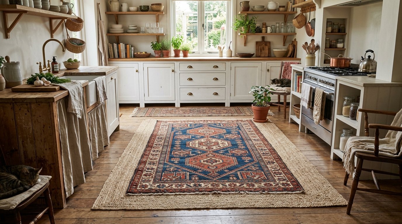 A rustic kitchen with a large patterned rug on a wood floor and a cat sleeping on a wooden chair.