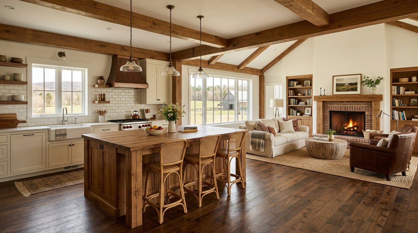 Farmhouse interior featuring a wooden island with cane stools, fireplace, and exposed ceiling beams.