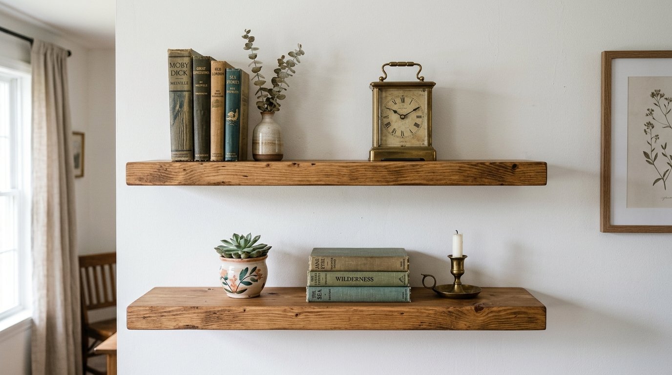 Floating shelves holding vintage hardback books, a clock, a succulent, and a candle on a white wall.