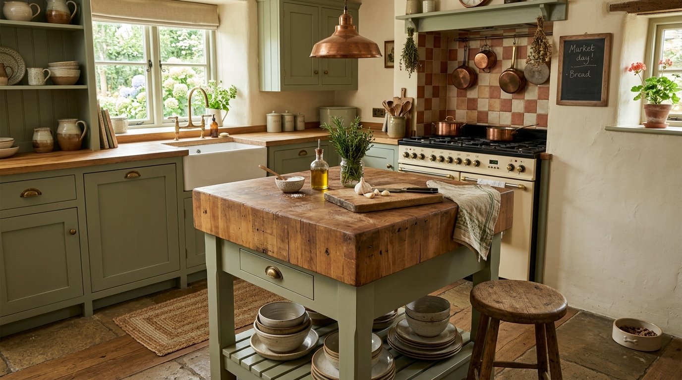 A farmhouse kitchen with green cabinets, a wood block prep island, and stone floors.