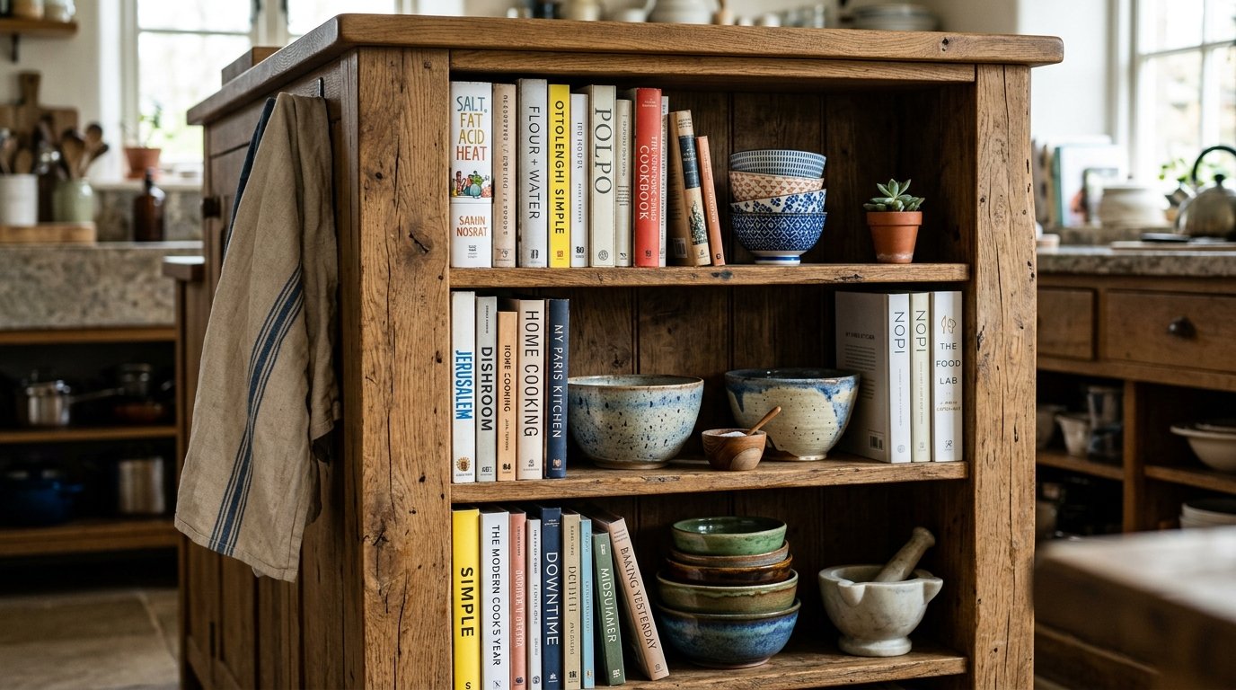 Wooden kitchen island shelves filled with stacks of cookbooks and assorted handmade ceramic bowls.