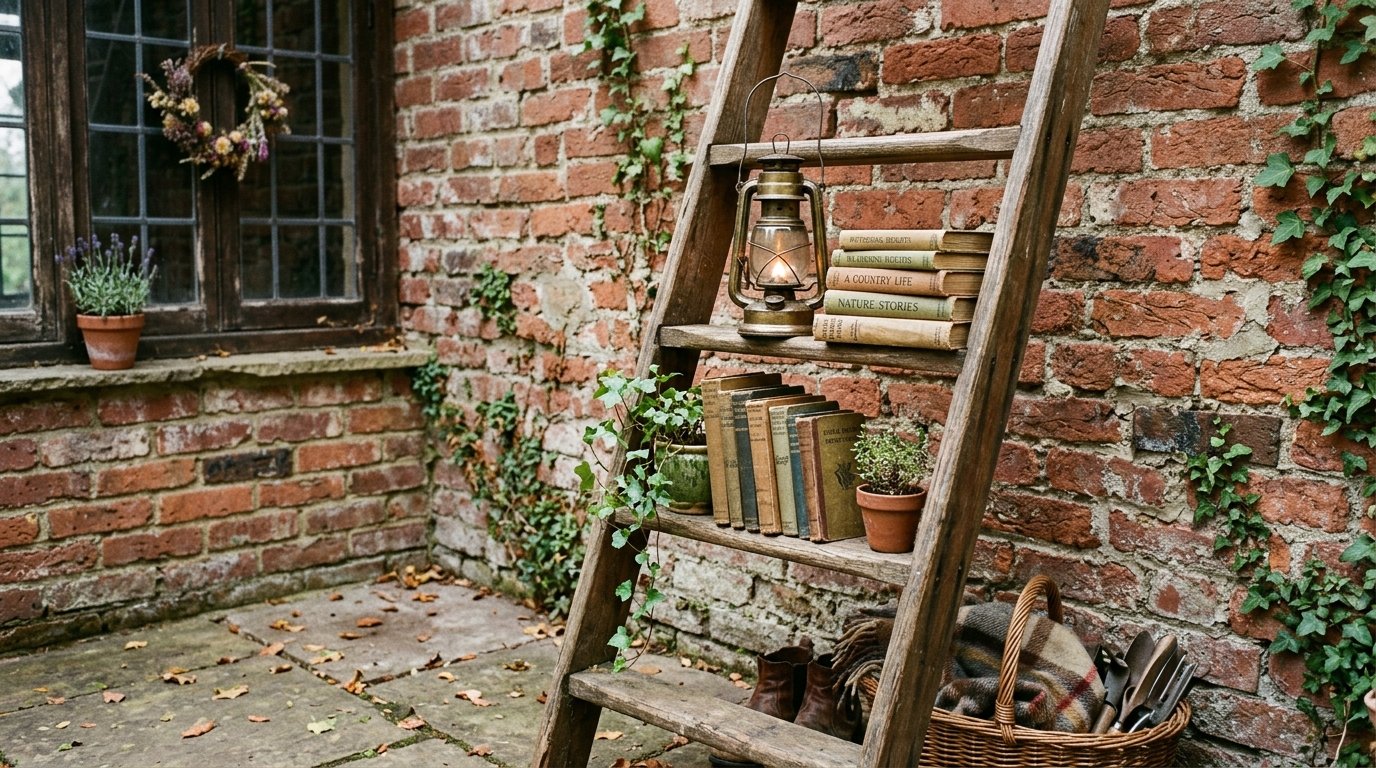 Old ladder used as outdoor display with antique books, a lit lantern, and potted plants on a patio.