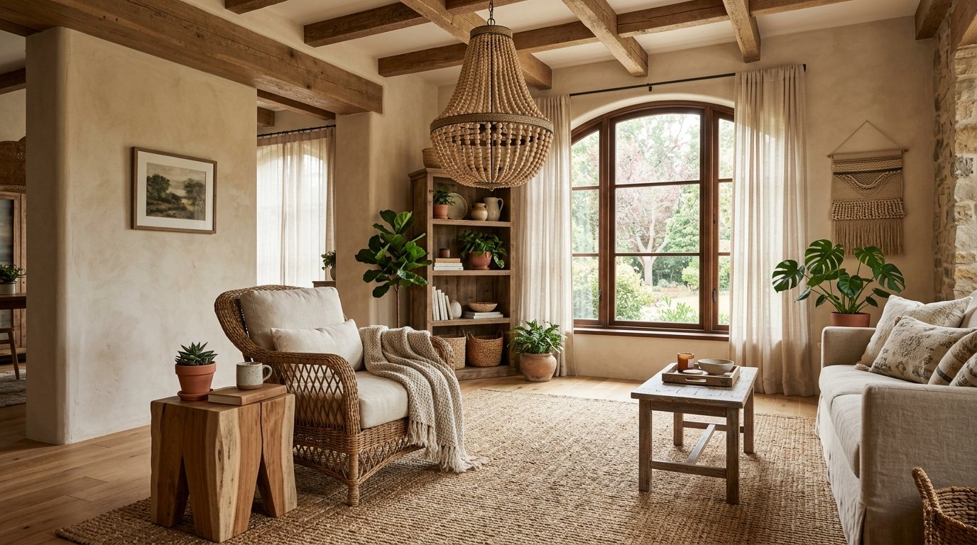 Cozy rustic living room with a wicker armchair, wooden ceiling beams, and a beaded chandelier by a sunny window.