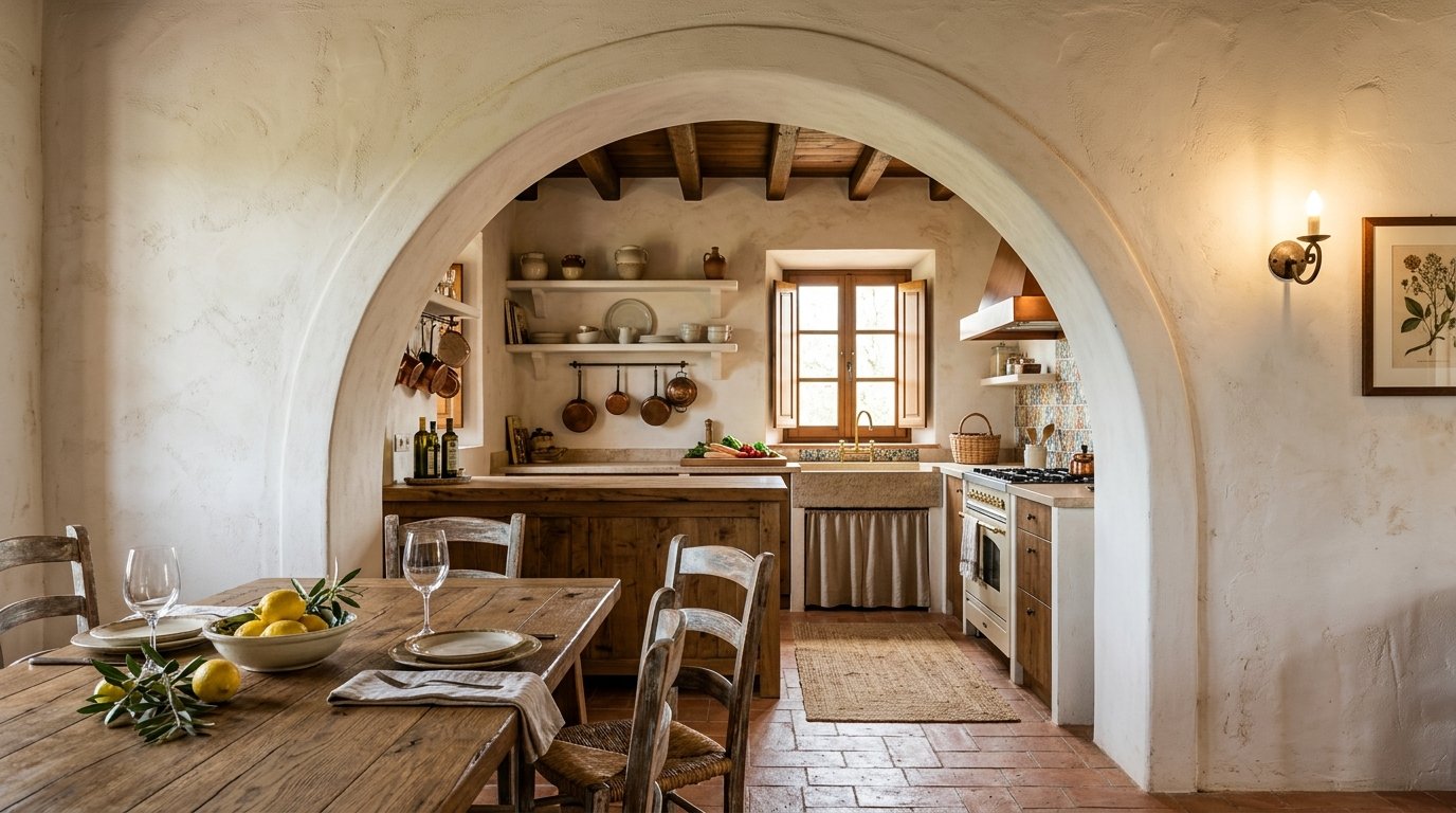 A rustic dining room table leads into a warm, wood-accented Mediterranean kitchen with terracotta floors.