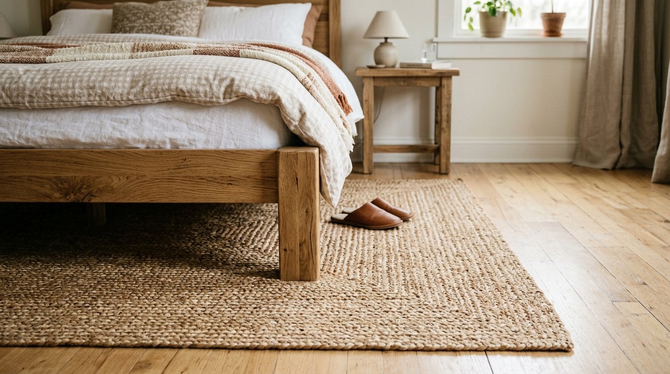 Close up of a wooden bed frame over a woven rug with leather slippers sitting on the bedroom floor.