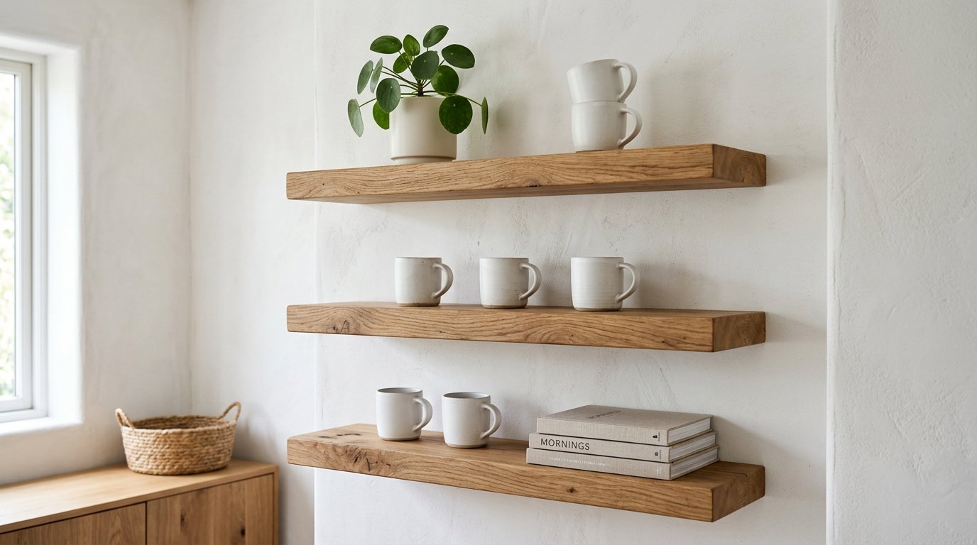 Three natural wood shelves mounted on a white wall, featuring potted plants, stacked ceramic cups, and hardcover books.