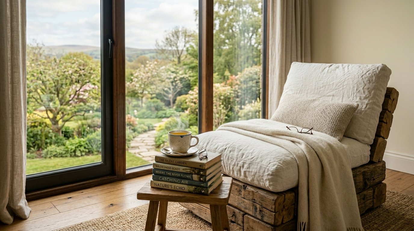 A rustic wooden lounge chair with books and a steaming mug overlooking a lush backyard.
