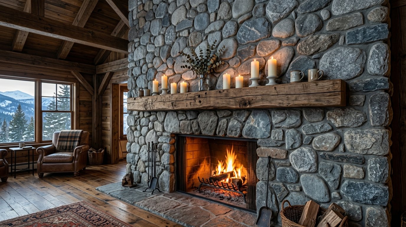 A rustic cabin interior featuring a stone fireplace with lit candles, a leather armchair, and snowy mountain vistas.