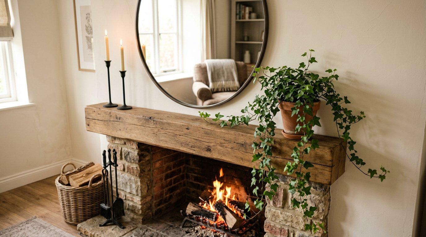 Stone fireplace with a burning fire, topped by a timber mantel with a trailing potted ivy plant and two candle holders.