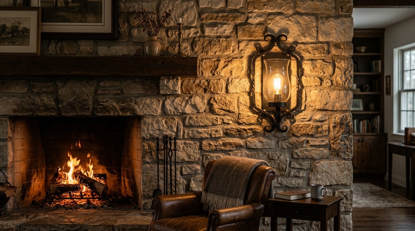 A warm, lit wall sconce shines on a rustic stone hearth with a fireplace and leather chair.
