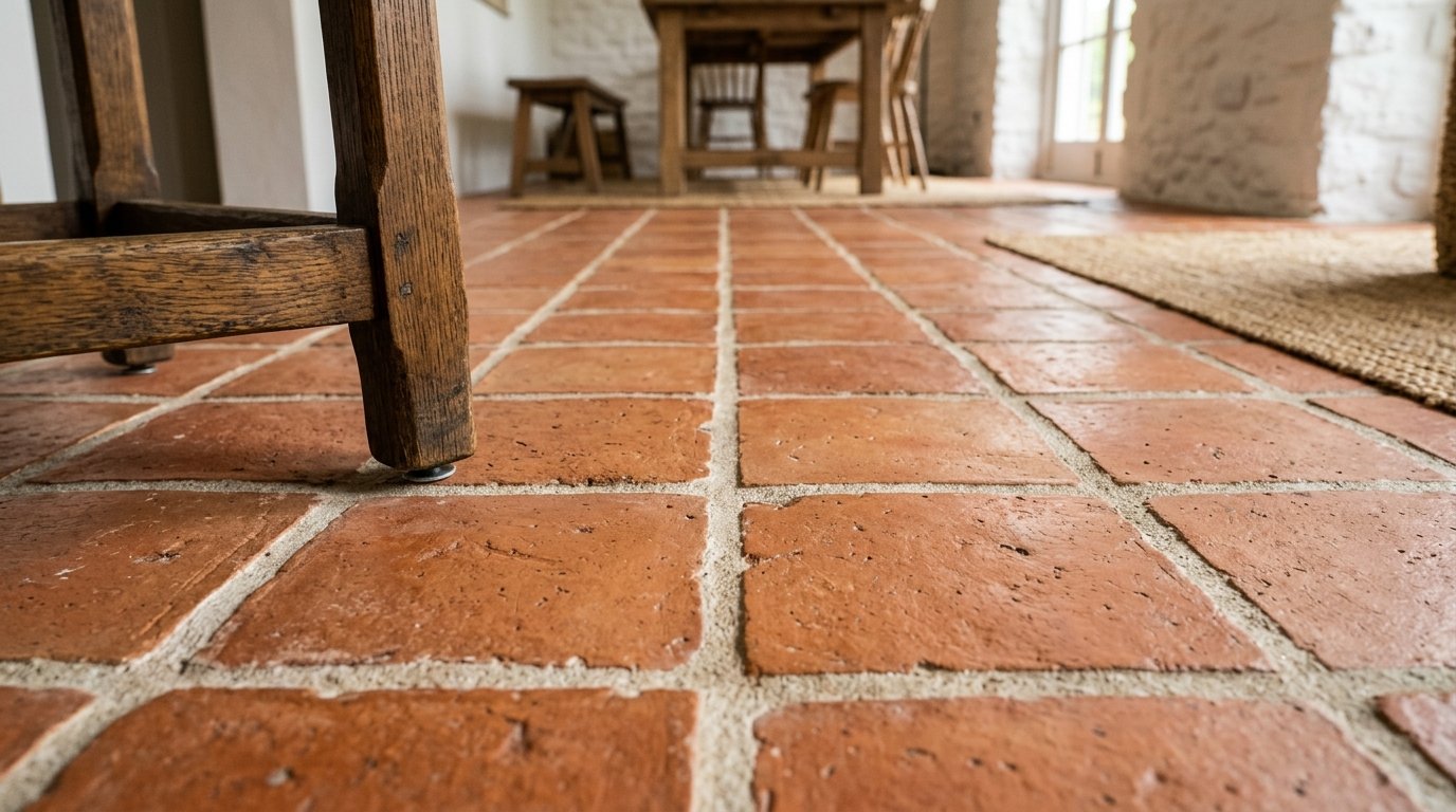 Close up of weathered red clay floor tiles with a wooden furniture leg in the foreground