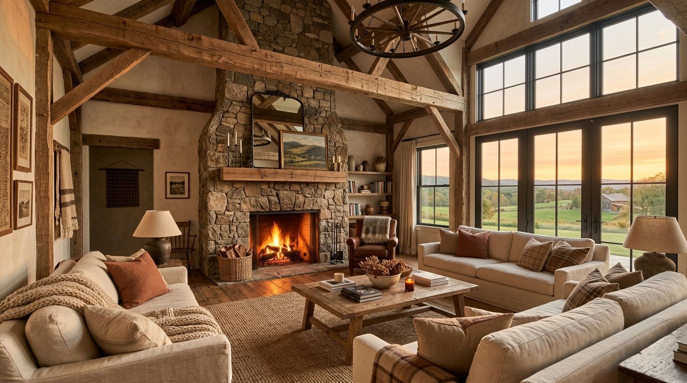 A rustic living room with a large stone fireplace, timber beams, and comfortable sofas overlooking a sunset landscape.