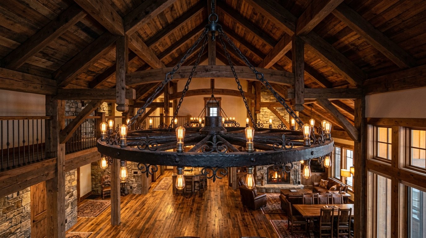 View from above of an iron wheel light fixture hanging in a vaulted ceiling living area with wood beams and stone accents.
