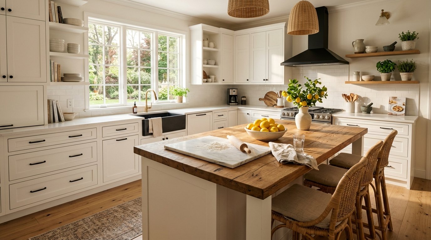 Sunny kitchen with white cabinets, a black farmhouse sink, and a rustic wooden island topped with a marble pastry board.