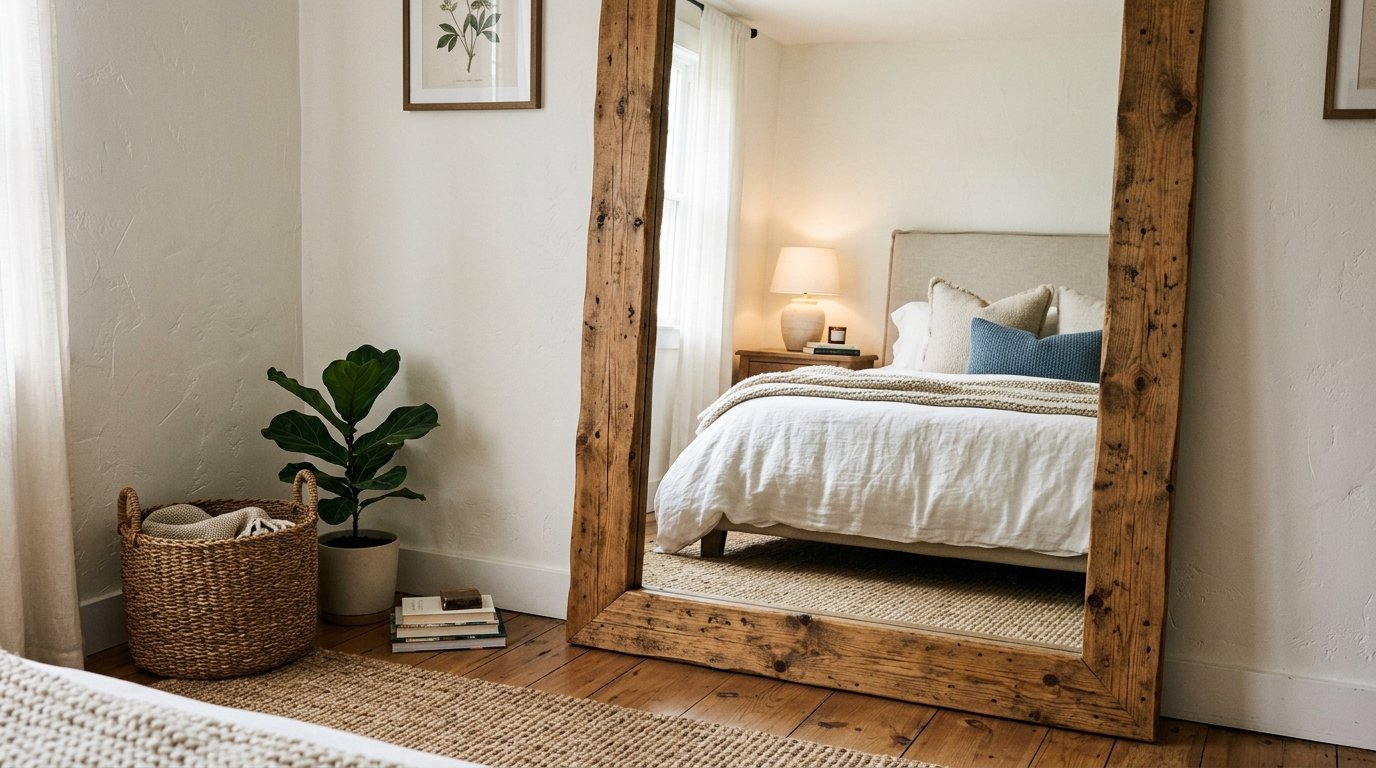 A rustic wood-framed floor mirror leans against a wall, reflecting a bed with linens, throw pillows, and a bedside lamp.
