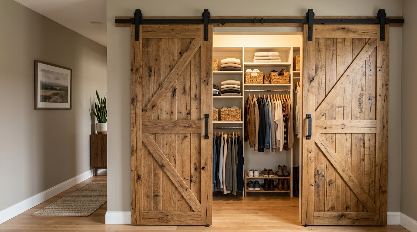 Modern farmhouse closet with natural wood doors and interior shelves filled with folded clothes and hanging garments.