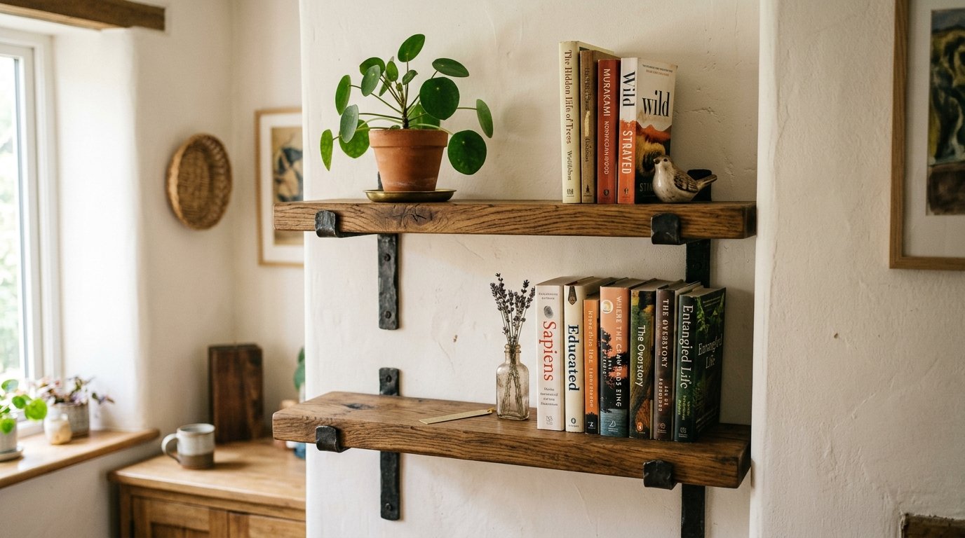 Two tiers of reclaimed timber shelving mounted on white plaster walls holding hardback books and a small plant.