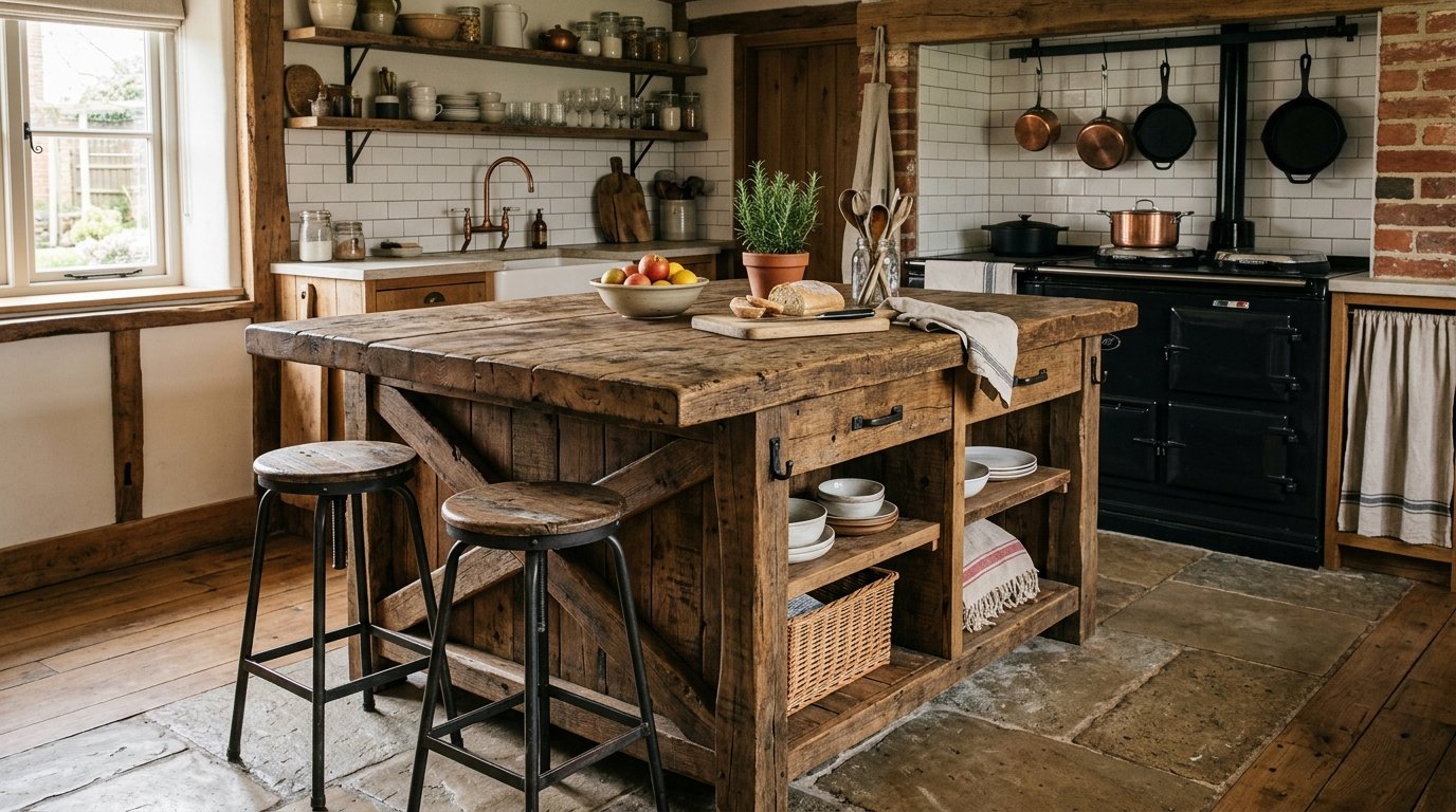 A large reclaimed wood kitchen island with two stools and open shelving sits on a stone floor in a country style kitchen.