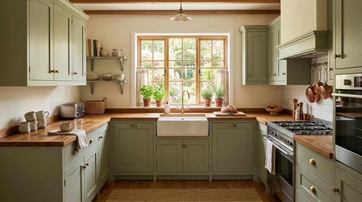 U-shaped kitchen with green cabinets, butcher block countertops, and a window view of a garden.