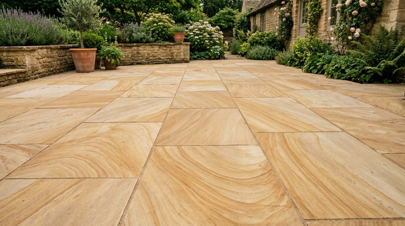 Large light brown rectangular stone tiles forming a path in a flower-filled garden.
