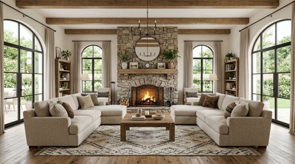 A plush sectional sofa styled in a cozy and inviting family living room layout.