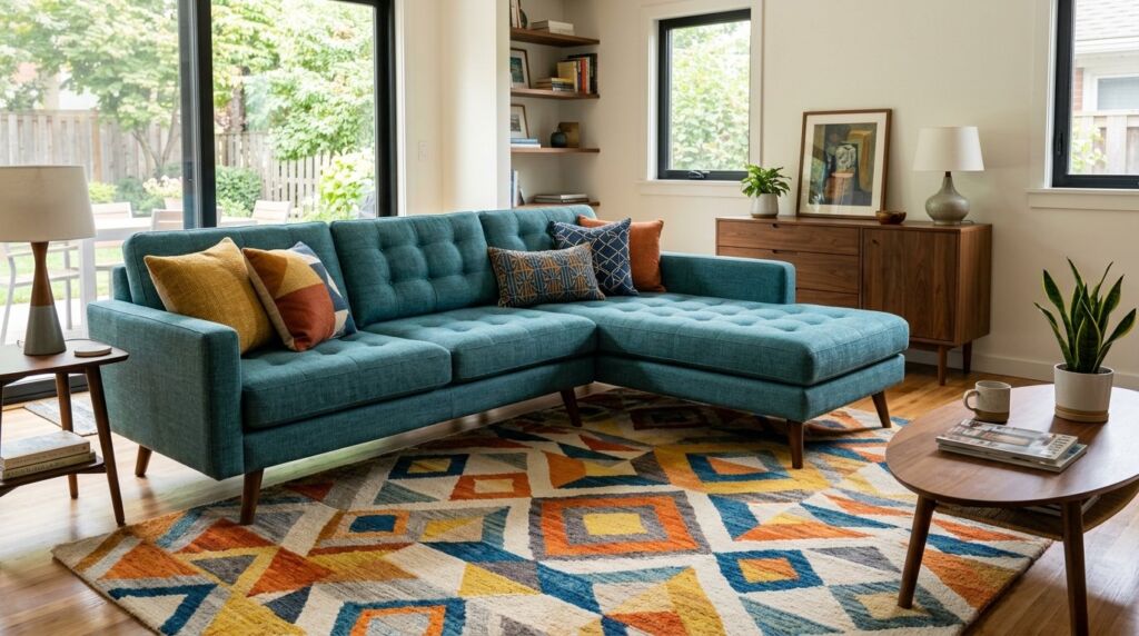 A cozy sectional sofa arranged in a spacious modern family living room.