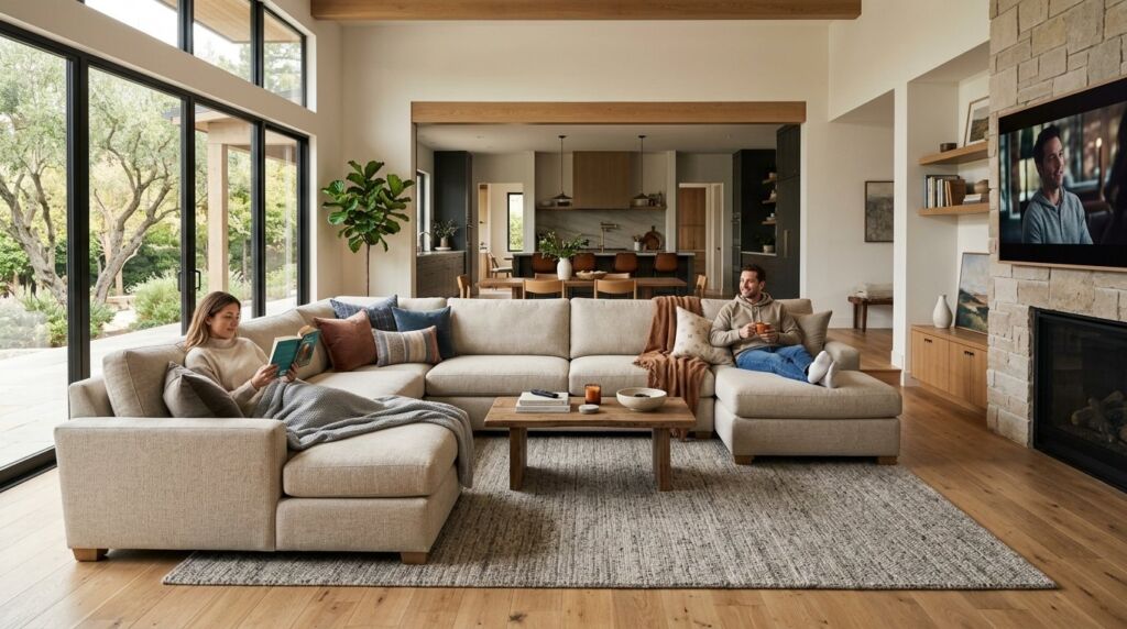 A comfortable double chaise sectional sofa centered in a modern family living room.