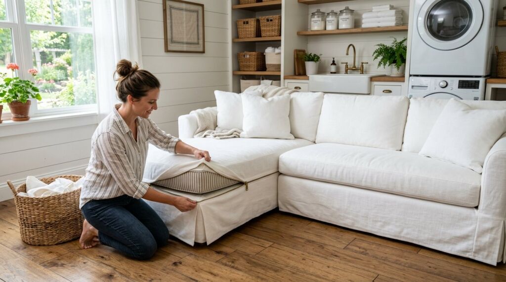 A modular sectional sofa featuring a clean, unzipped design in a bright, modern family living room.