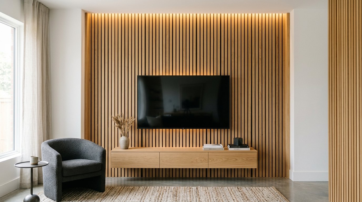 Wall mounted television centered on a vertical wooden slat feature wall with a floating light oak cabinet.