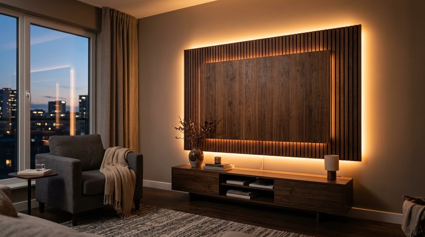 Modern interior wall with vertical wood slats, accent lighting, and a walnut media console.