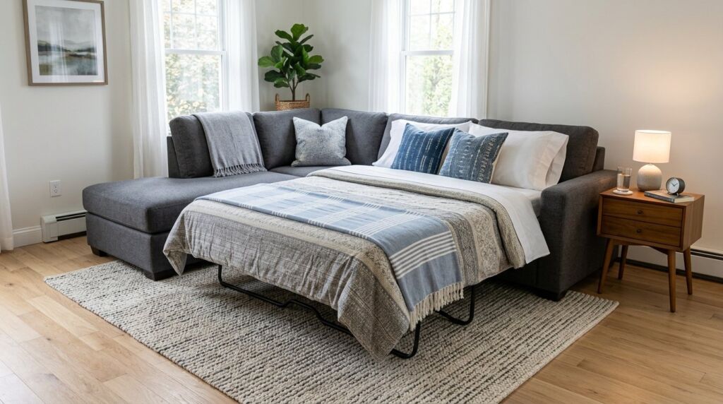 A comfortable sleeper sectional sofa centered in a modern, family-friendly living room.