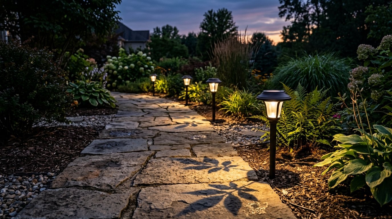 Solar pathway lamps cast warm light and leaf shadows onto a natural stone walkway at dusk.