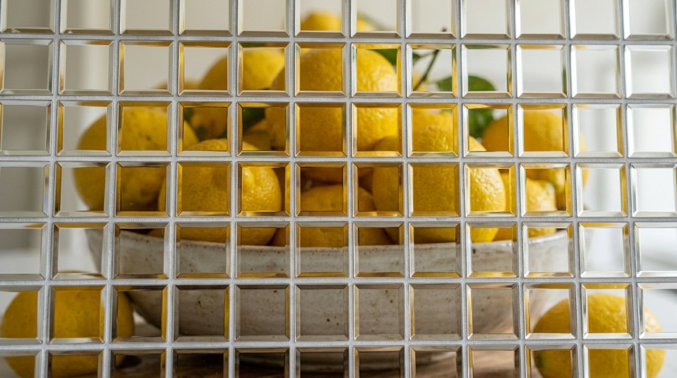 A close-up of a bowl filled with bright citrus fruit distorted behind a pattern of small, mirrored square tiles.