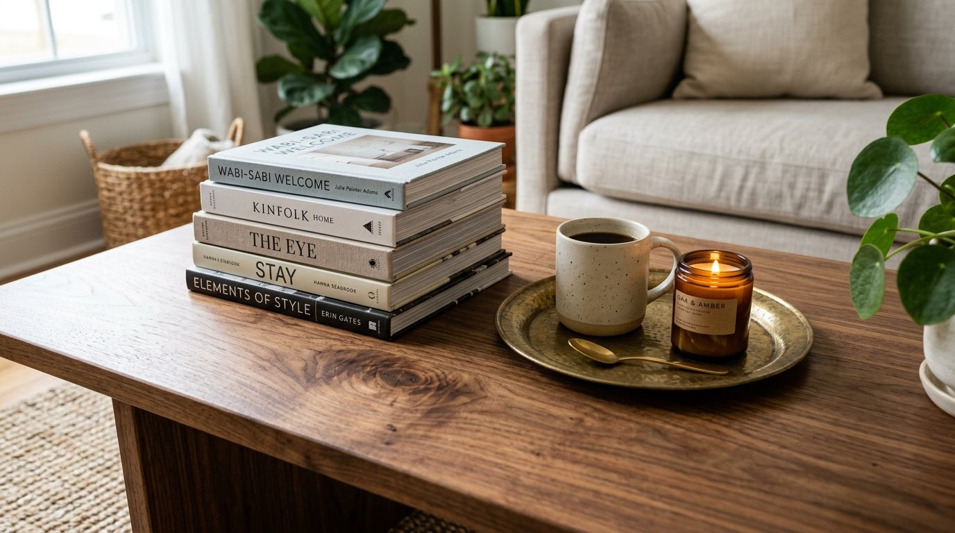 Coffee table with a stack of design books, a ceramic mug, a gold spoon, and a lit amber candle.