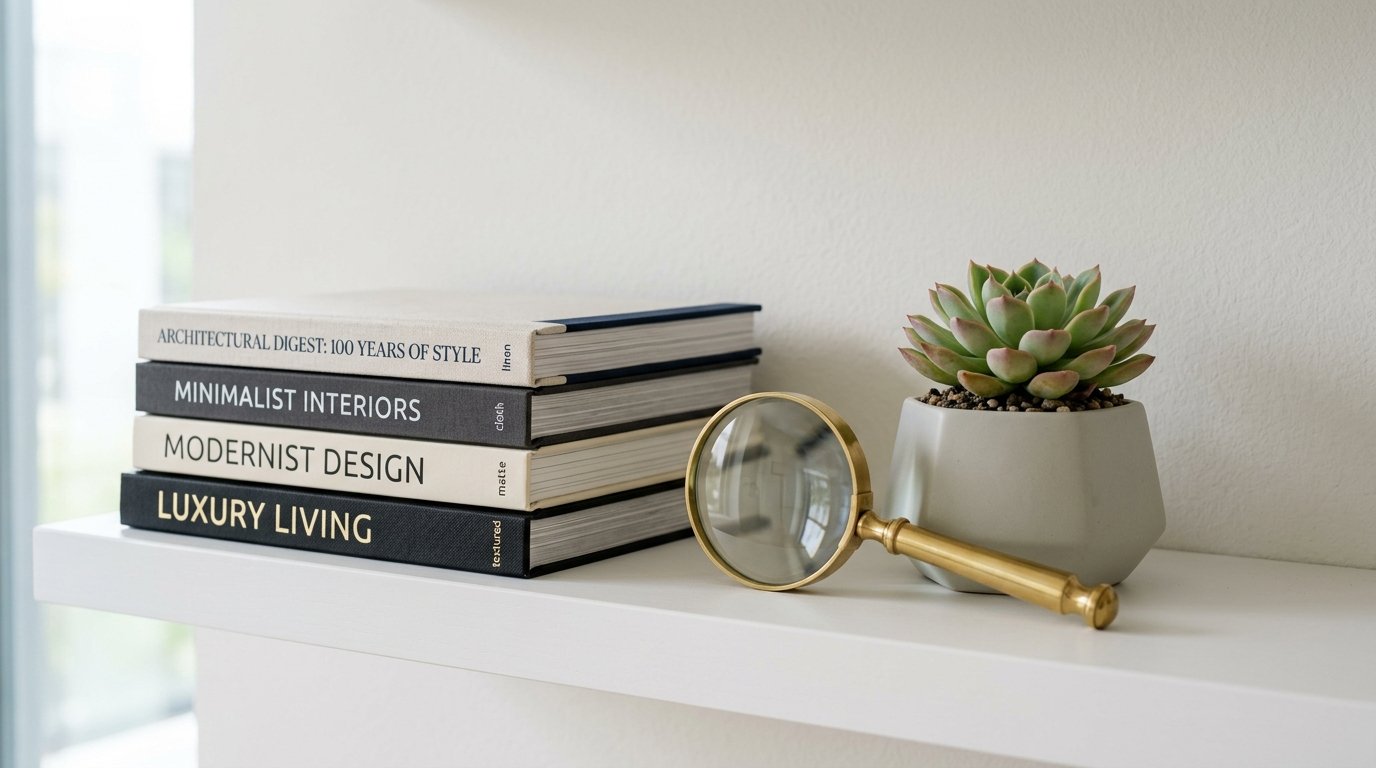A brass magnifying glass rests next to a potted succulent and four stacked coffee table books on a white shelf.